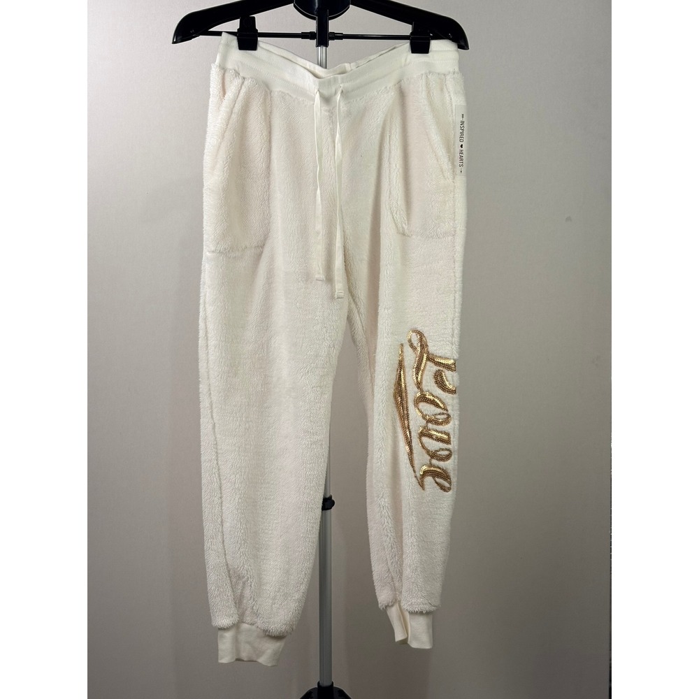 Inspired Hearts Womens XL Cream Sherpa Joggers Gold Sequin Love P1799NA19U